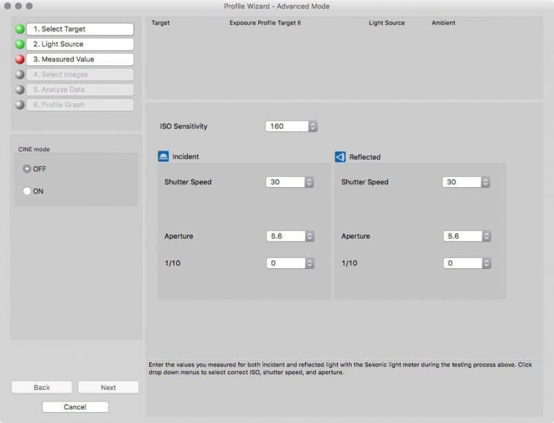 Sekonic DTS Enter Exposure Settings