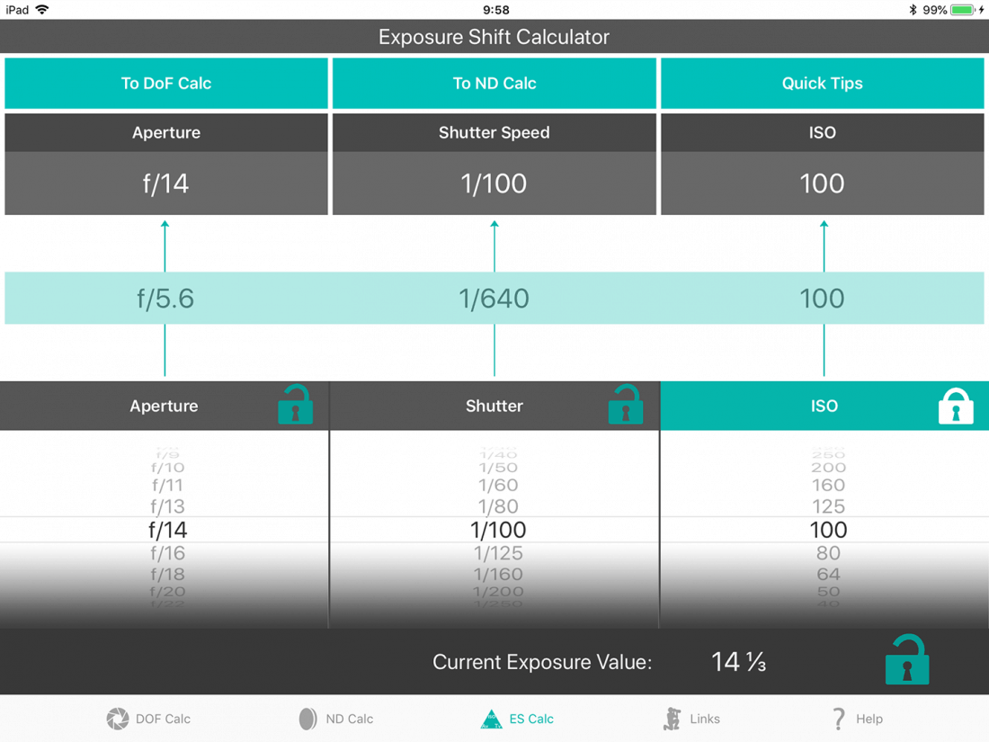 Exposure Shift Calculator at EV 14 2/3 ISO100