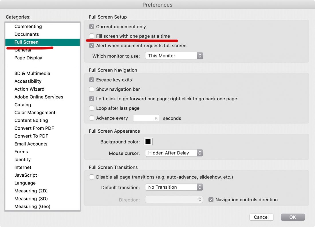Acrobat Reader Preferences - Full Screen Options